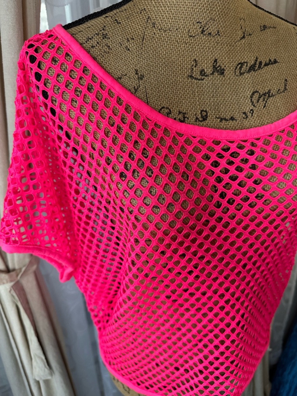 Hot Pink Barbie Fishnet Mesh Top Y2K Festival Rave Sheer Knit Boho - Picture 2 of 7